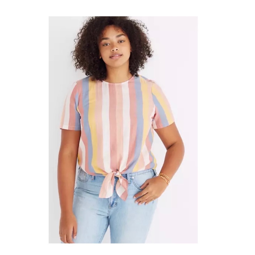 Madewell Button-Back Tie Rainbow Striped Multicolored Short Sleeve Shirt Size La